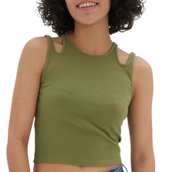 American Eagle Outfitters Tops - American Eagle Tank Top Large Green Ribbed Double Strap Cut Out Crop Tank